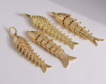 5PCS, Movable 3D Articulated Fish Charm - Brass Fish Pendant - Boho Chic Animal Jewelry - 18K Gold Plated