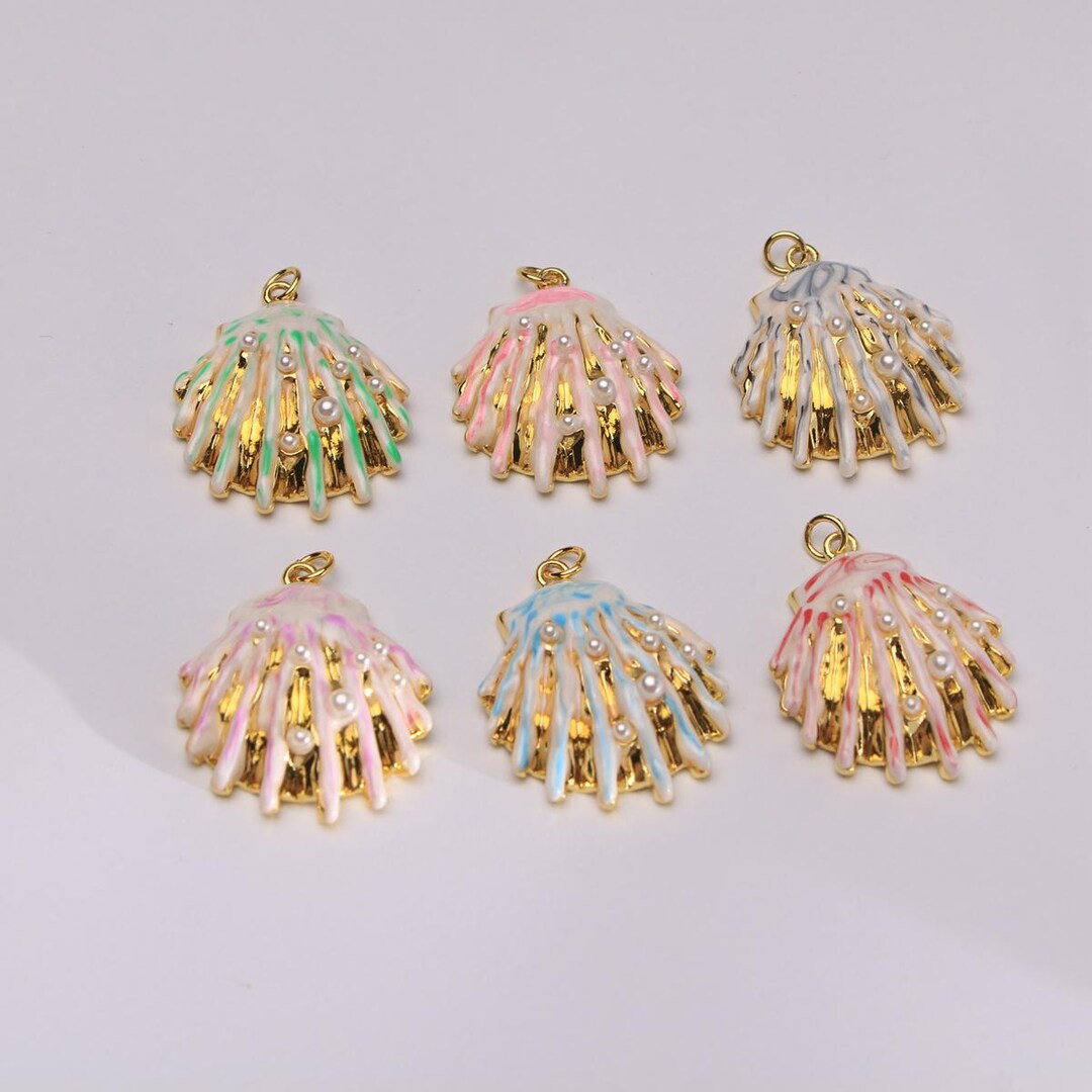 5PCS, Gold Plated Fan Shell Charm,enamel Shell Drop, Pearl Shell ...
