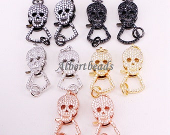 AZY-9727 CZ Micro Pave Skull Lobster Claw Clasp, Skull Pave Clasp/Pendant Connector, Cubic Zirconia Pave Clasp/Connector/Link, Findings 5PCS