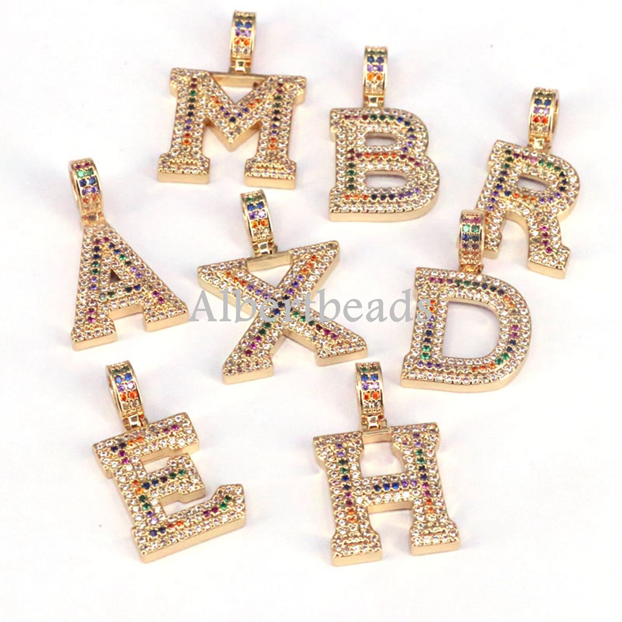 名台詞チャーム 全種 10-26PCS, Luxury Gold Color A-Z 26 Letters Charms, Color CZ