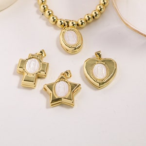 5-10pcs, Mother of Pearl Virgin Mary Cross Charm, Gold Star Heart Pendant, 18k Gold Plated Mother Mary Medal Pendant, Jewelry Finding,