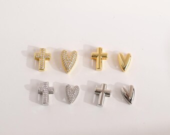 10 deslizadores de cuero con cuentas de corazón de circonita cúbica, cruz, 4 x 11 mm, para hacer pulseras de cuero, accesorios de cuero planos, suministros de joyería