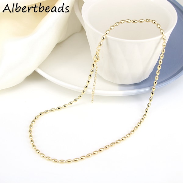 Fashion Beaded Chain , Oval Bead Gold Chain Necklace , 3*5mm Rice Bead Chain ,Oval Shape Bead Ball Chain Necklace For Man Women