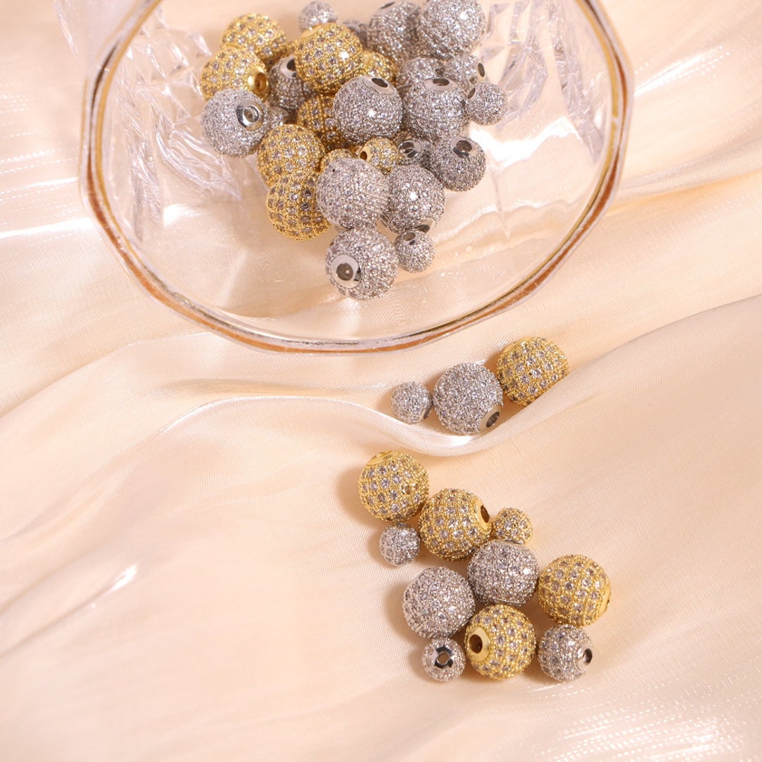 10pcs Gold Brass Cubic Zirconia Beads - 6mm Round Micro Pave Crystal Spacer Beads For Jewelry Making