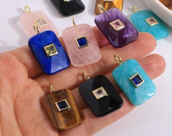 5 piezas, colgante rectangular de varias piedras preciosas de cuarzo cristal facetadas con incrustaciones de circonitas de colores para colgante de joyería, dijes de circonitas de piedras preciosas