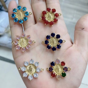 10PCS, Colorful Zircon Virgin Mary Connector, Gold Color Catholic Charm, Micro Pave CZ Religious Connector Bracelet, Jewelry Making
