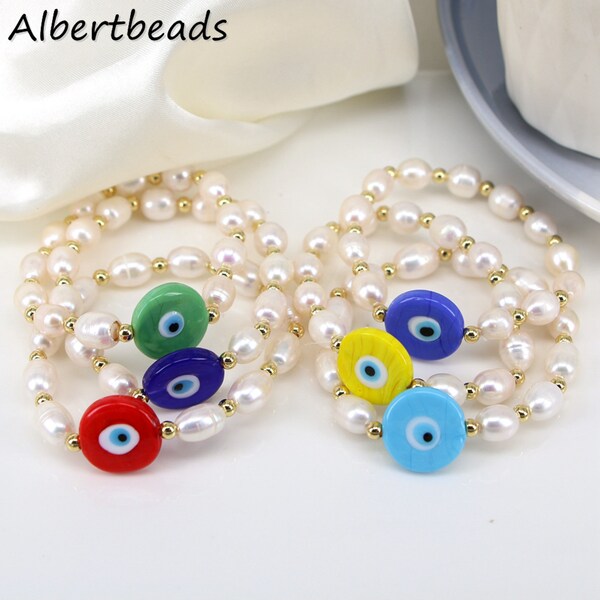 Natural Freshwater Pearl Turkish Lampwork Glass Round Eye Bracelets Stretch Bangle Hand Bracelet For Women