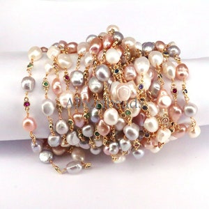 3 -5 Meters, Fresh Water Pearl Beads Chains For Jewelry Making, Irregular Pearl Links Colorful Zircon Gold Color Rosary Chains