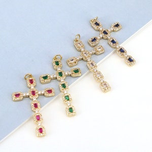 4PCS, Cubic Zircon Cross Pendant, Gold-Plated Charms, Colorful Cross Charms, Jewelry Making, Craft Supplies