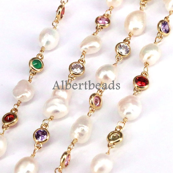 3 Meters, Newest natural freshwater pearl Colorful CZ chain original pearl rosary beads chain for necklace bracelet making