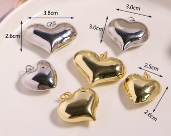 10PCS, Gold Plated Heart pendant, Gold Puff Heart Pendant, Silver Heart Pendant, Smooth Heart Charms For Jewelry Making Supplies.