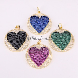 AZYZ323-8899 CZ Micro Pave Heart Pendant, Cubic Zirconia Pave Round Pendant, Fashion Jewelry Fi ndings, Focal Charm 5PCS