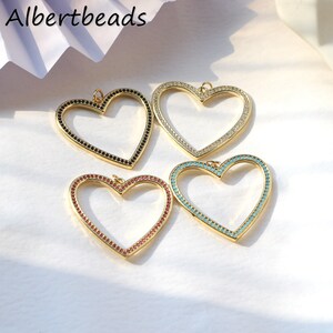 5PCS, Hollow Heart Necklace Pendant, Pink Black Blue Cubic Zirconia Love Heart Charms, Minimalist Jewelry Findings