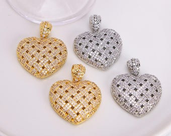 5 Stück, klarer Zirkon Herz Anhänger Charm, CZ Micro Herz Anhänger Charm, Herz Charms für Halsketten Schmuck 34 x 40 mm