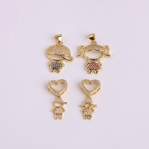 10PCS, 18K Gold Plated Kids Pendant, Micropavé CZ Boy Girl Necklace Accessories, Gold Boy Girl Charm, DIY Jewelry Making Supplies