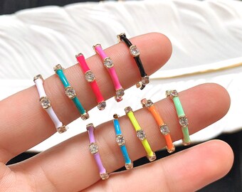 10PCS, Gold Color Enamel Ring, Thin Ring, Micro Pave CZ Adjustable Ring, Gold Open Ring, Enamel Charm, Zircon Stackable Ring