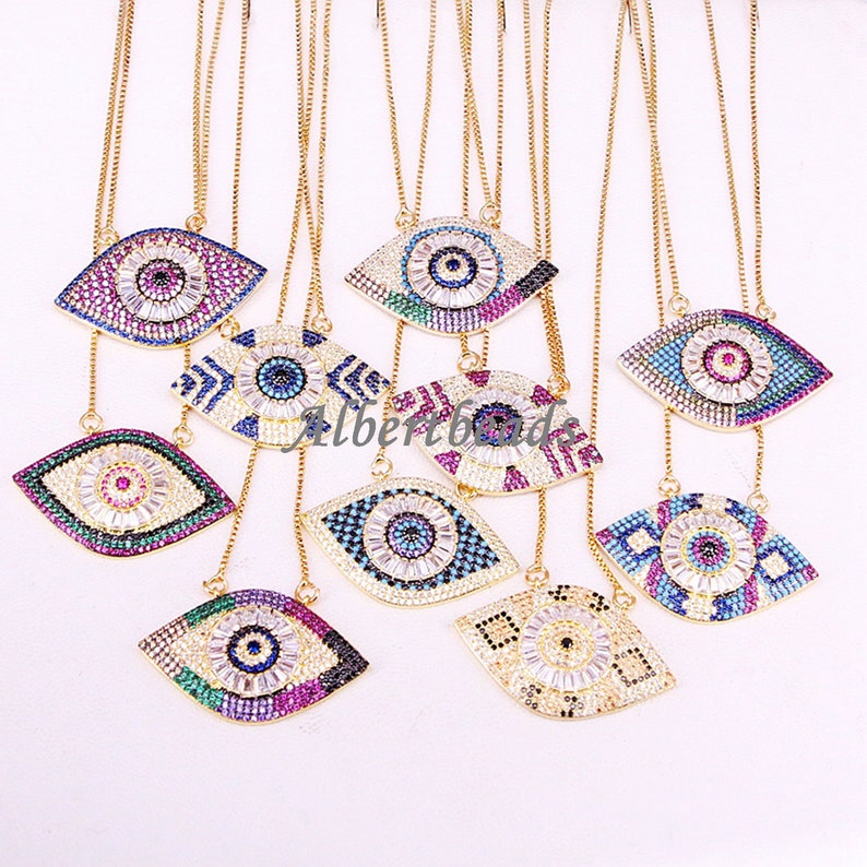 10PCS Gold Plated Fashion Boho Luxury Cubic Zirconia Micro Pave CZ Crystal Eye Necklace Pendant for Women Jewelry Making