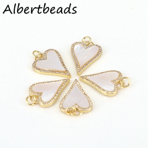 5PCS, Mother of Pearl Heart Charm, CZ Micro Pave Heart Shape Pendant, White Shell Pendant, Jewelry Finding