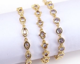 Gold Link Chain Bracelet, Round / Oval / Hamsa Hand Zircon Bracelet,HIGH QUALITY, Gold Crystal Bracelet, Bridal Jewelry, Anniversary Gift