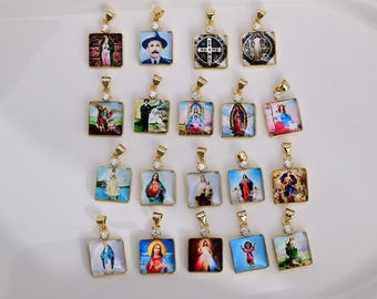 10pcs, Gold-plated Square Religious Medal pendant,Saint Michael the Archangel,Jesus,Our Lady charms Catholic Accessories