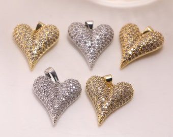 5-10pcs, Dainty Zircon Heart Charms, Micro Pave CZ Heart Pendant, 18K Gold Plated Heart Necklace for DIY Jewelry Making Supply, 20x24mm