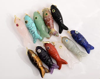 5PCS, Carving Gemstone 3D Fish Pendant Natural Stone CZ Charm for Necklace Bracelet Jewelry Making DIY Supply