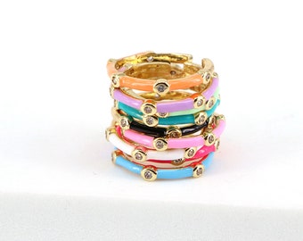 5STK, Bunte Emaille Ring, Gold Emaille Ring, Multicolor Emaille Ring, Cz Regenbogen Ring, Multicolor Emaille Band Ring