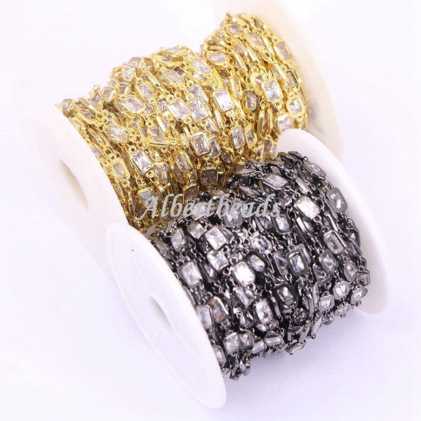 Metal Wire Wrapped Links CZ Chains, Faceted Cubic Zircon Rectangle Beads Rosary Chain Jewelry 1/3/5PCS