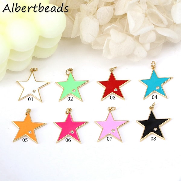 10PCS, Charmes d’étoiles enamel, Pendentif Enamel Star pour collier Earring Charm Component Gold Plaqué Rouge Rose Blanc Noir Vert Bleu