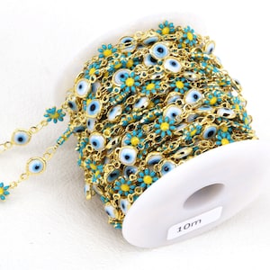 5 Meters, Fashion Enamel Blue Daisy Flower and evil eye bead link Chain, for Jewelry making accessories