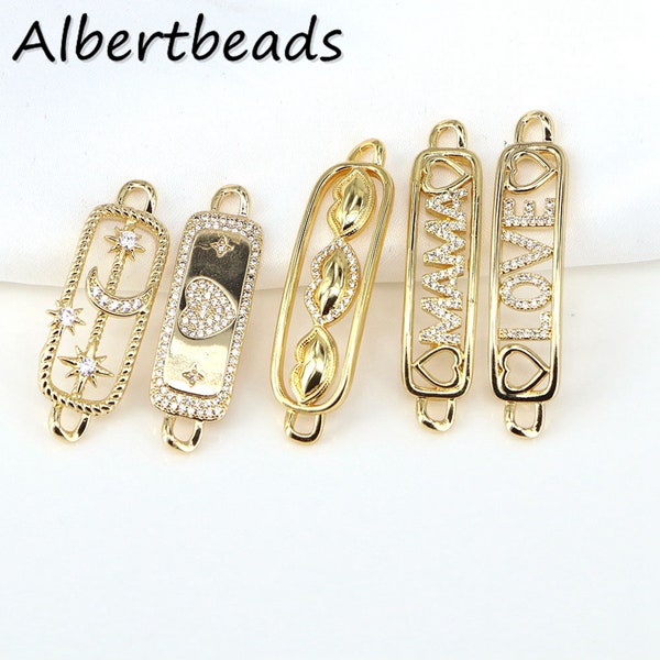 4PCS, Crystal Zircon Love Words Connectors, CZ Micro Pave Gold Rectangle Bar Charms, Star Moon Bracelet Link Connector