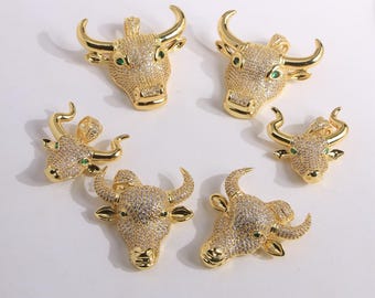 5pcs, Western Longhorn Bull Pendant with Sparkling CZ Stones and Gold Finish, Cowboy Cowgirl Jewelry Charm Accessories