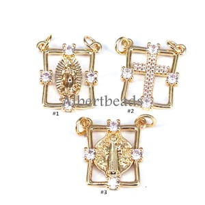 10PCS, Gold Color Virgin Mary Cross Charm Pendant, CZ Micro Pave Our Lady of Guadalupe Cubic Zirconia Charms, Necklace Findings