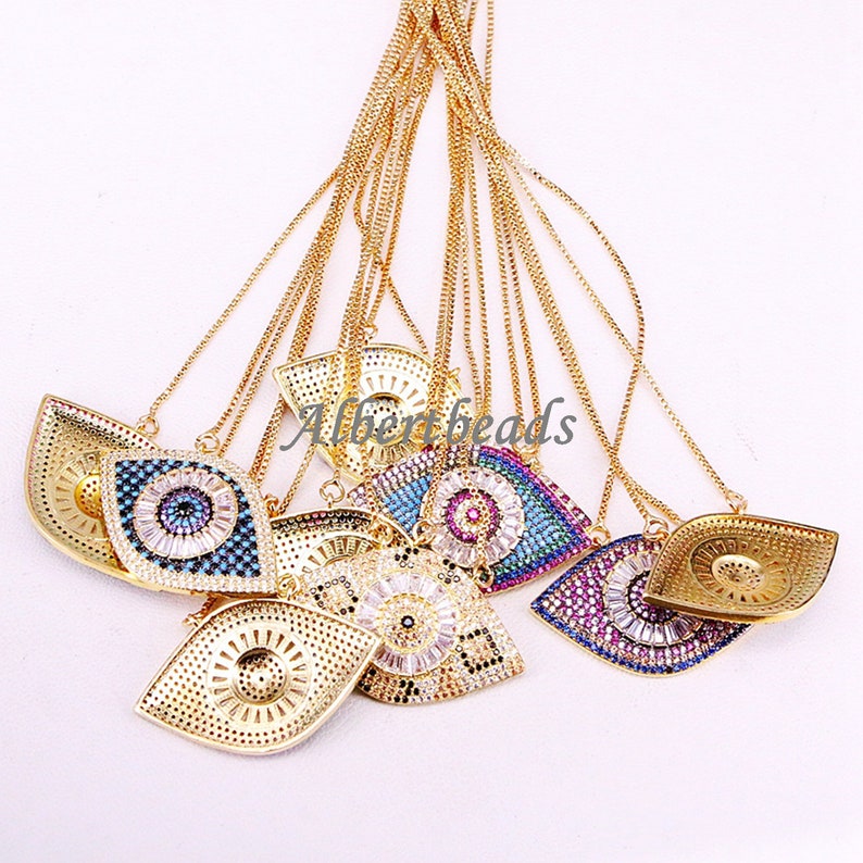 10PCS Gold Plated Fashion Boho Luxury Cubic Zirconia Micro Pave CZ Crystal Eye Necklace Pendant for Women Jewelry Making