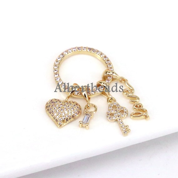 5PCS, Cubic Zirconia Gold Color Dangle Pendant, Heart Cross Alphabet  Key Charm Love Pendant, Dainty Jewelry For Necklace Making