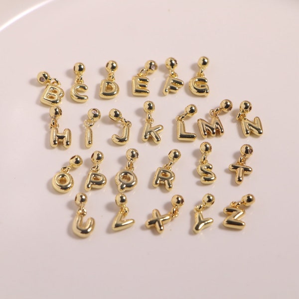 26 pcs, jolie lettre initiale plaquée or 18 carats avec bouchons en caoutchouc, pendentif initial, minimaliste, lettre pour fournitures de bijoux