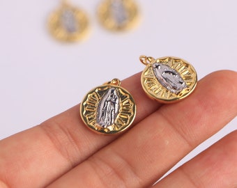 10 st, tvåfärgat Jungfru Maria-hänge, Guadalupe-smycken, 18K guldpläterad rund berlock, DIY-smyckestillverkningsmaterial, 16 x 18 mm