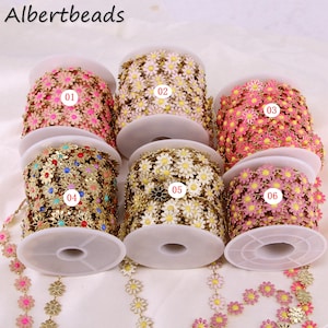 5 Meters, Brass Daisy Charm Chain Gold Plated Enamel Flower Beaded Chains for Necklace Bracelet Earrings DIY Jewelry Making