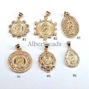 10PCS, Gold Color Virgin Jesus Religious Jewelry Zirconia CZ Micro Pave Pendant