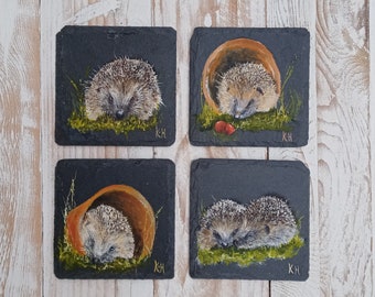 sous-verres d’ardoise peints à la main sous-verres hérisson peinture hérisson art art de la faune peinture de la faune art acrylique peinture