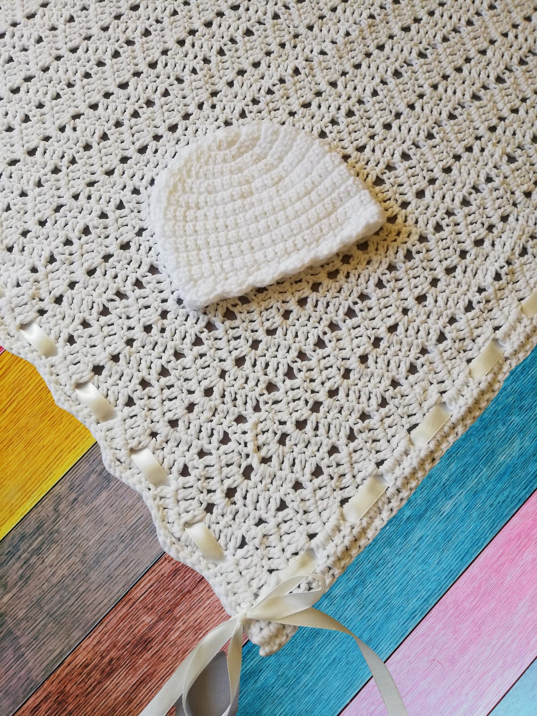 Crochet Baby Girl Blanket and Hat. White Baby Blanket Set. Crochet Baby Blanket With Bow. Baby