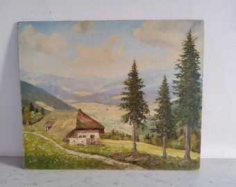 Old oil painting, shabby landscape painting, Black Forest, vintage painting