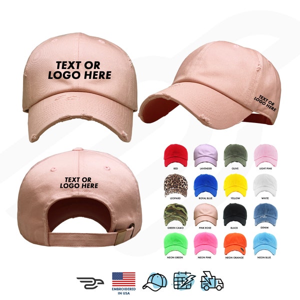 Personalized Embroidered Distressed Hat,  Adjustable Customized Distressed Hat, With Your Text or Logo, Also 3D embroidery available