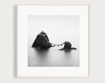 Fine Art Black and White Photography | Meoto Iwa the Wedded Rocks | Japanese Art Print | Landscape Seascape | Photography Print | Japan Art