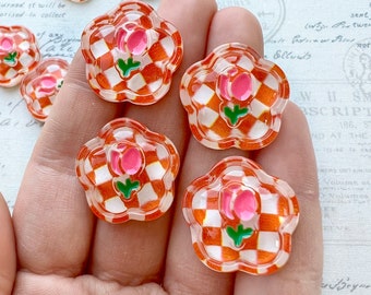 Rose Magnets or Pushpins, Pink Rose Magnets or Pushpins, Orange Checkered Rose Magnets, Orange Checkered Magnets Tile Magnets, Flower Magnet