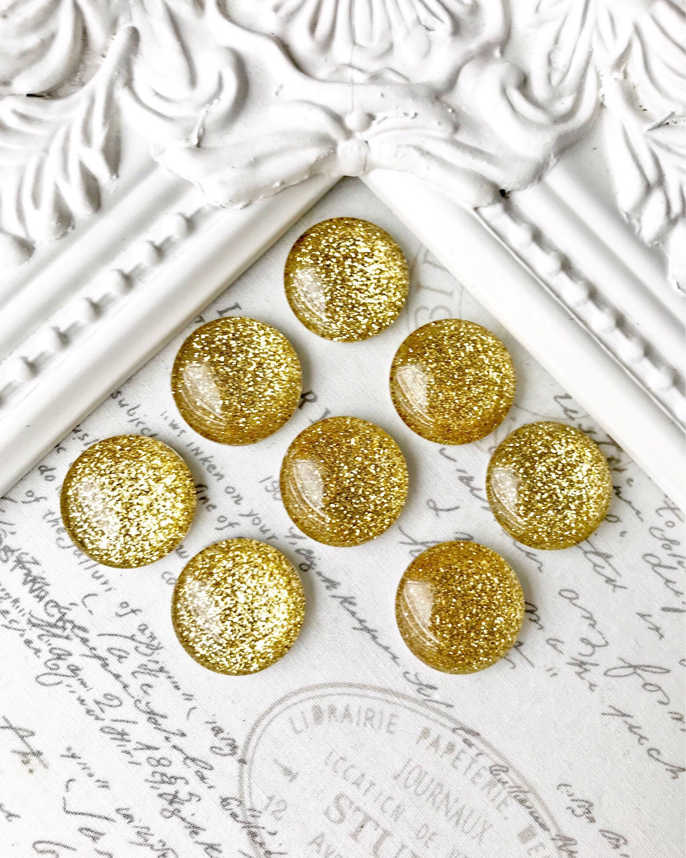 Round Glass Magnets, Metallic Gold Text
