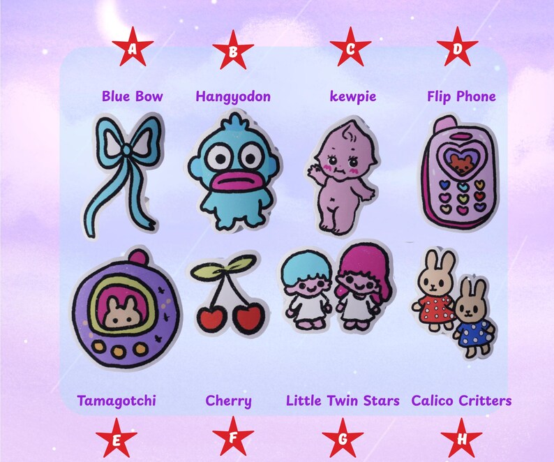 May include: A collection of colorful cartoon stickers featuring a blue bow, Hangyodon, kewpie, a flip phone, Tamagotchi, cherries, Little Twin Stars, and Calico Critters. The stickers are arranged on a light purple background.