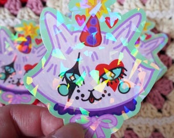 Holographic Clown Cat Sticker: Sparkly Vinyl, Waterproof