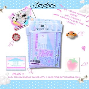 May include: A collection of stickers in a clear plastic package, featuring pastel colors and cute illustrations. The image includes a "Thank You" card, a button, and a strawberry graphic. Text includes "Freebies" and "Sticker Haul".