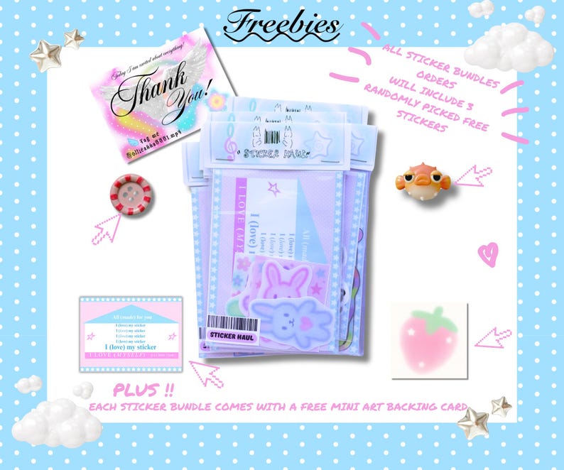 May include: A collection of stickers in a clear plastic package, featuring pastel colors and cute illustrations. The image includes a "Thank You" card, a button, and a strawberry graphic. Text includes "Freebies" and "Sticker Haul".